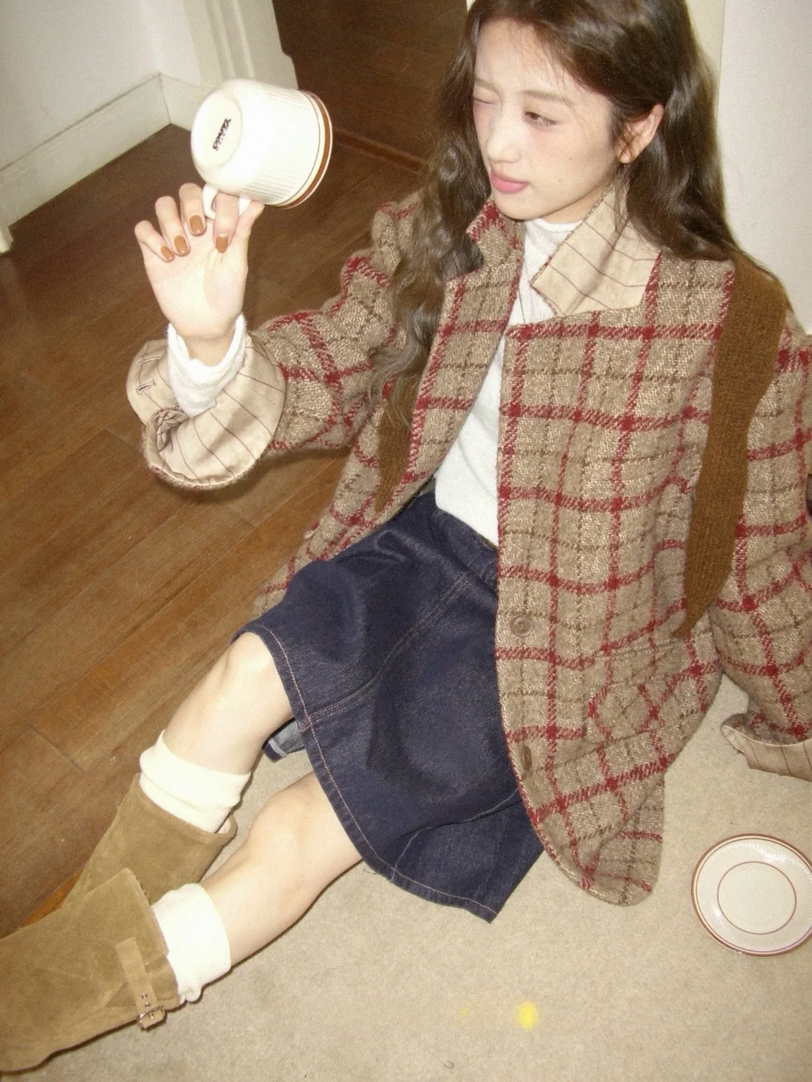 

Soolrok винтажное красное клетчатое лоскутное шерстяное пальто уникальный костюм Jaet Топ для поездок на работу с длинной застежкой на пуговицы