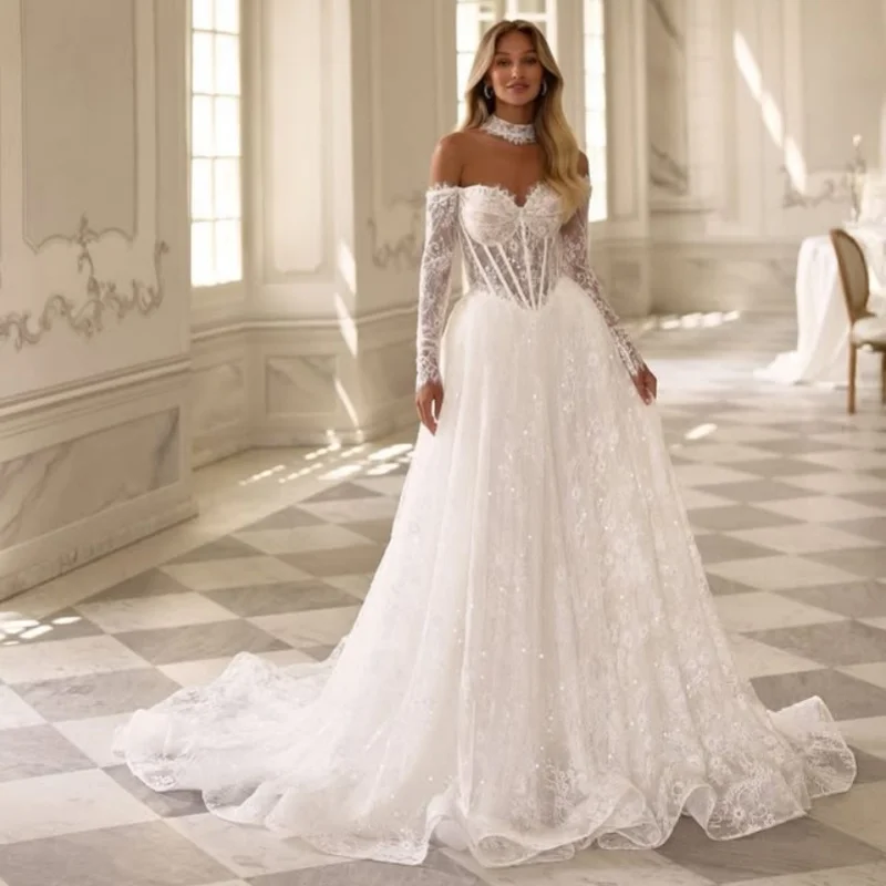 Shiny White Appliques Wedding Dresses long sleeves A skirt glitter Lace flower decal Gowns Made wedding dress