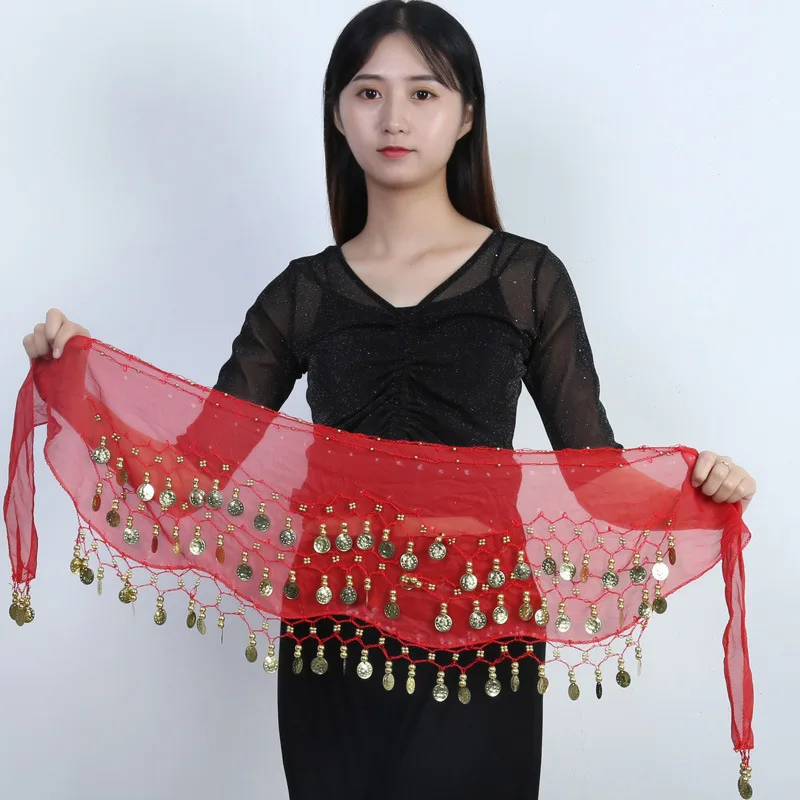 Sexy Belly Dance Gold Sequins Chiffon Skirt Tassel Waist Chain Belts Indian Arab Dance Wrap  Show Party Hip Scarf Costum