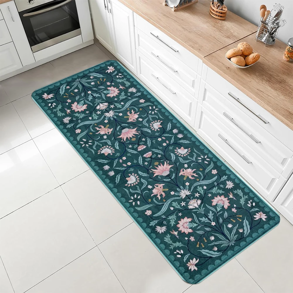 Vintage Floral Vine Pattern Long Rug Colorful Botanical Design Non-Slip Mat for Kitchen Bathroom Home Decor