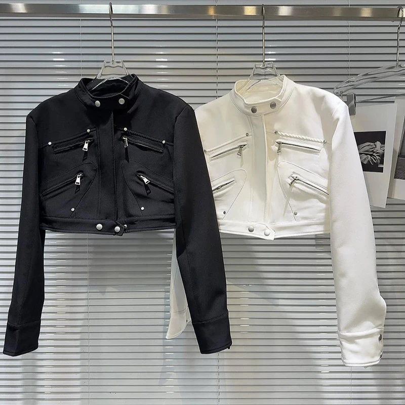 

Spring new niche street cool spicy girl metal zipper design shoulder pad stand up collar trendy short style jacket for women