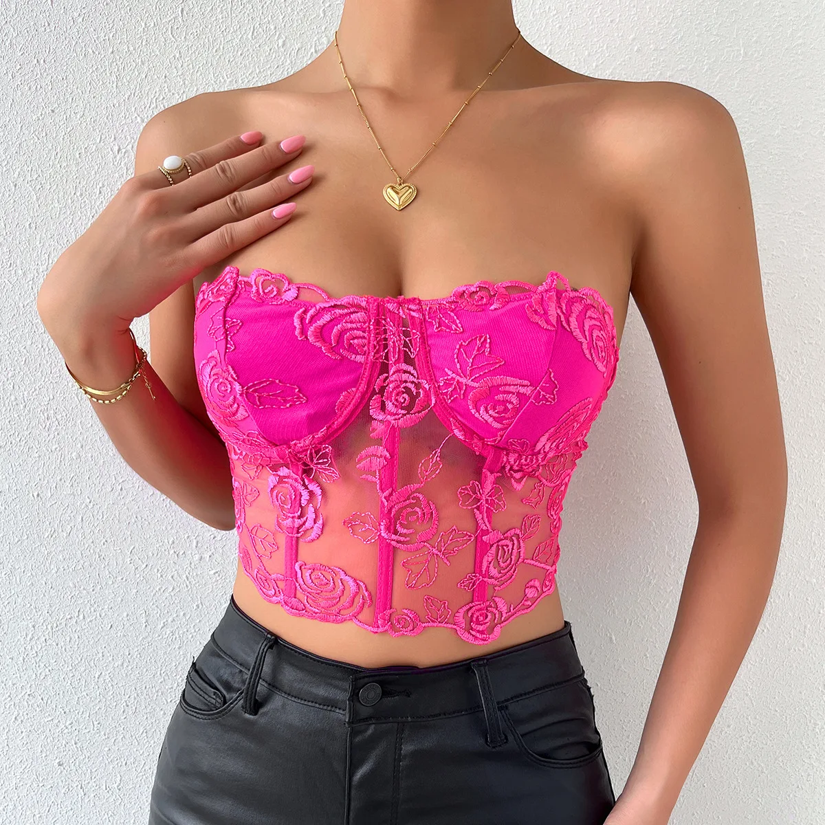 Beautiful Rose Embroidery Bustier Tube Tank Top with Shoulder Strap Corset Lingerie Crop Tops