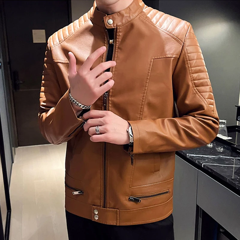 

Autumn Pu Leather Motorbike Jacket Men Fashion Stand Collar Motorcycle Biker Coats Loose Faux Leather Jacket Men Streetwear Man