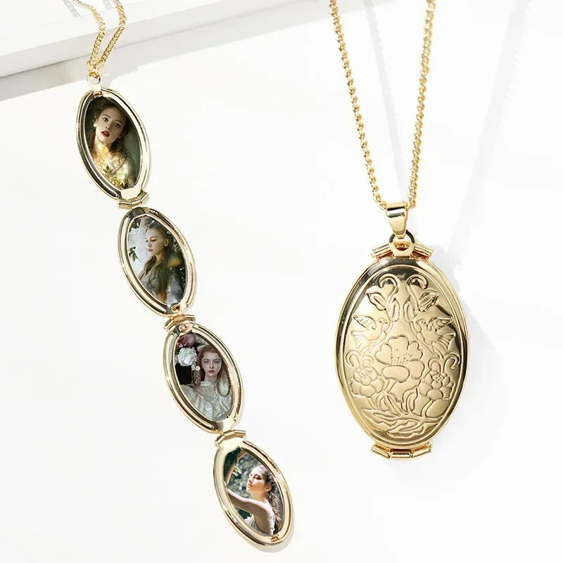 Gold Silver Color  Carved Hollow Oval Pendant Multi-Layer Folding Women Necklace Openable Photo Frame Family Love Jewelry