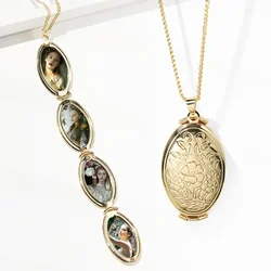 Gold Silver Color  Carved Hollow Oval Pendant Multi-Layer Folding Women Necklace Openable Photo Frame Family Love Jewelry