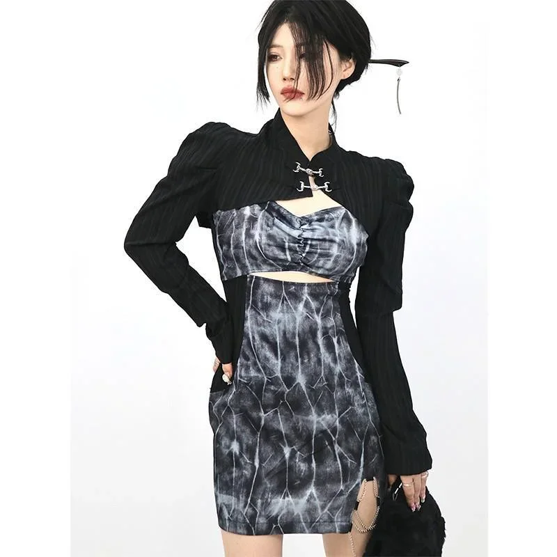 

Sexy Vintage Two Piece Set Women Korean Designer Party Mini Dress Set Female Ruffled Casual Fashion Dress Suit 2025 Autumn New