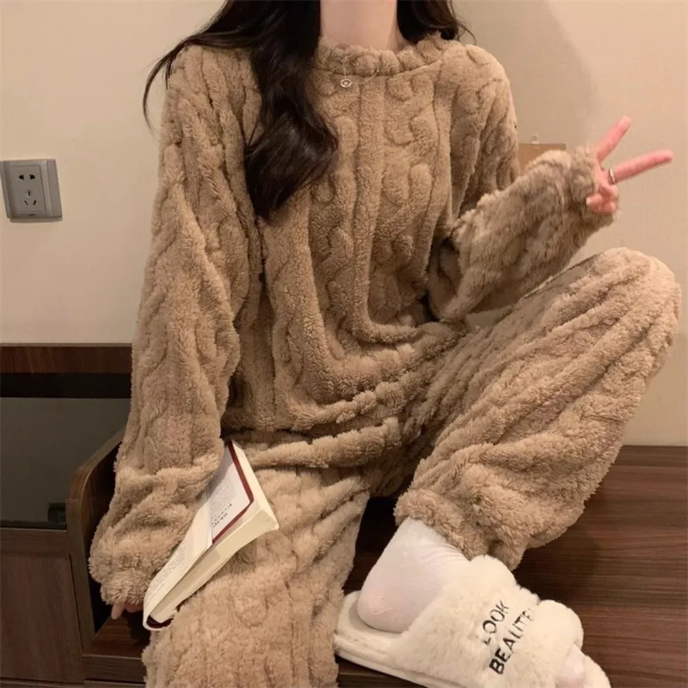 

Thickened Fleece Coral Fleece Sleepwear Solid Color Long Sleeve Warm Pajama Set Breathable Cozy Sleepwear Winter Season