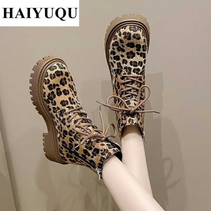 Botines con plataforma de leopardo para Mujer, zapatos de ante, Botas deportivas de nieve a la moda, zapatos informales con cremallera, invierno, 2025