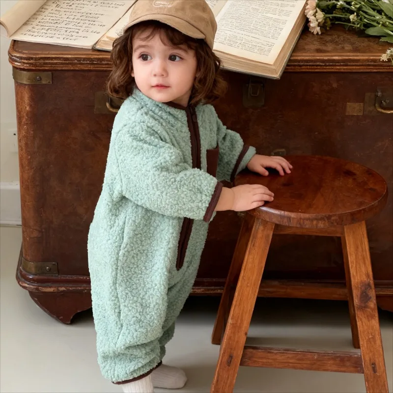 

New Korean Baby Fall winter warm lamb Cute wool jumpsuit for boys and girls zip pocket home climbing clothes children's jumpsuit
