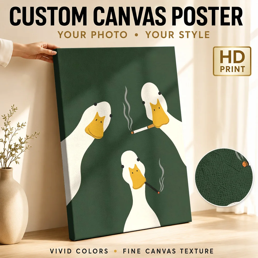 Three Ducks With Cigarettes Canvas Poster Personalized Photo Playful Illustration Wall Art For Living Room, Animal Lover Gift