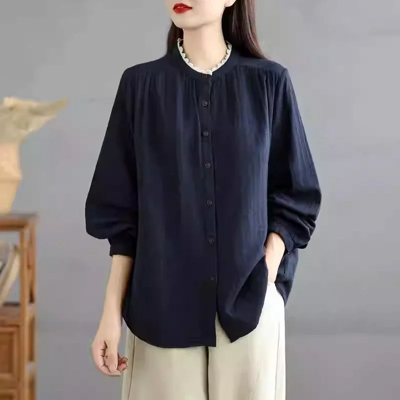 

Women Cotton Lace Trim Stand Collar Shirt Long Sleeve Loose Casual Blouse