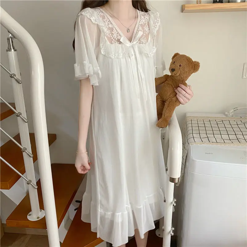 

White Night Dress Women Nightdress Ruffles Pajamas Short Sleeve Solid Night Wears for Women Loose Nightgown for Sleep Ladies