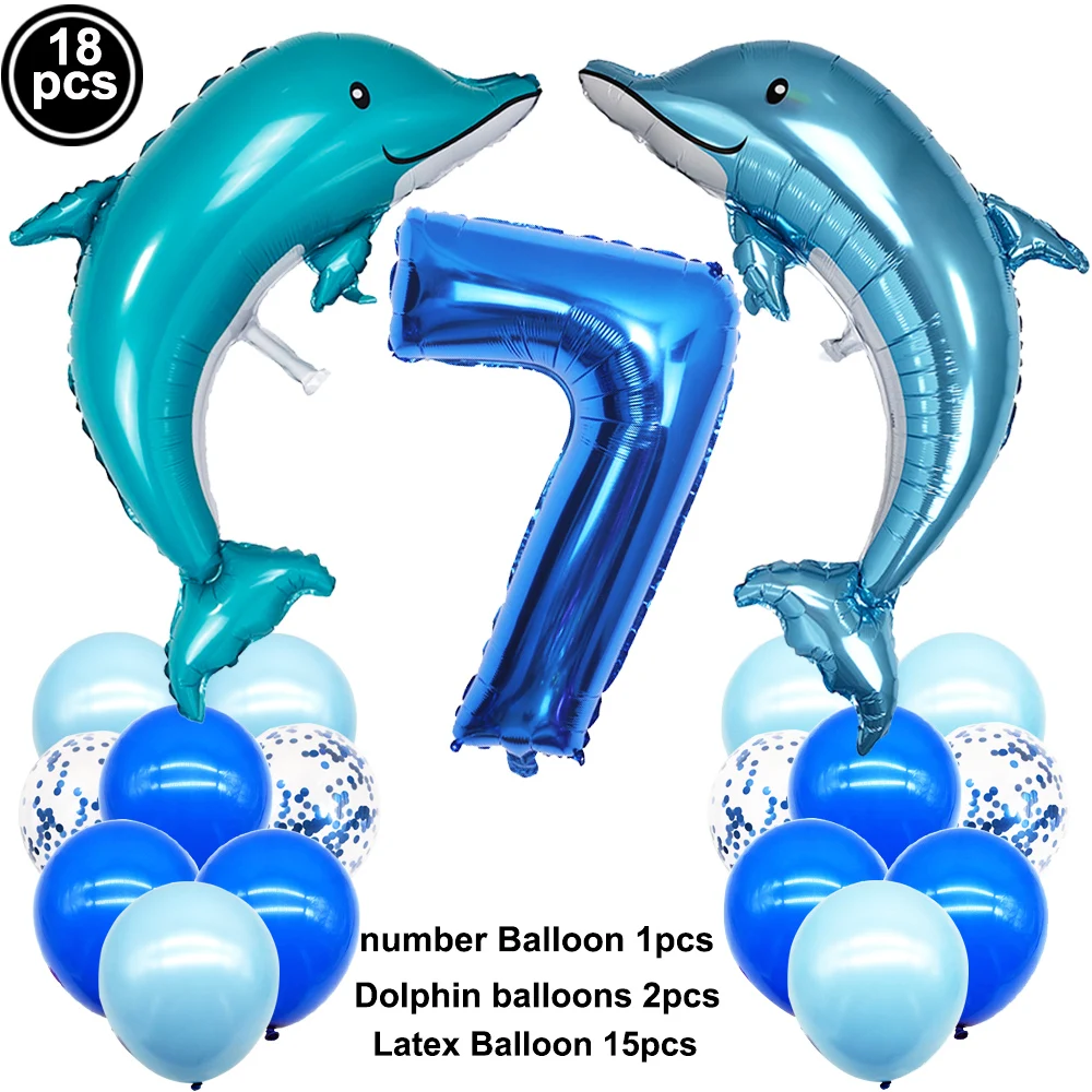 18 Stück Delphin-Luftballons, blau, 32 Zoll, Zahlen, Ballon, 1. Geburtstag, Dekoration für Kinder, Jungen, Meerestiere, Thema, Geburtstagsparty-Zubehör – Detail 4