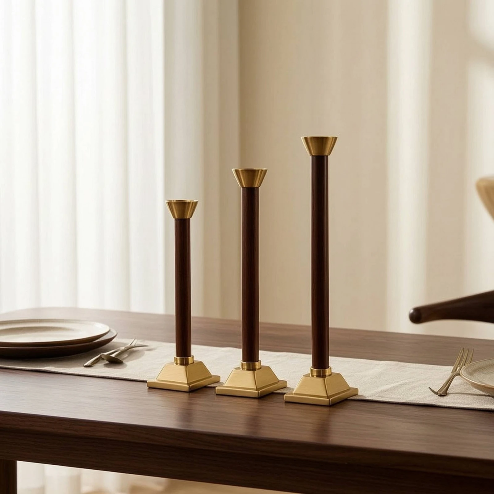 3 Pieces Taper Candle Holder Rustic Taper Candle Holder with Metal Cup Candlestick with Wooden Stem Farmhouse Elegant