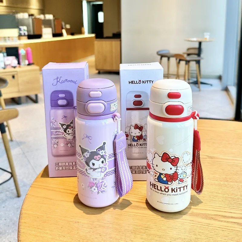 

Новая термокружка Kuromi из нержавеющей стали SS316, мультяшная бутылка для воды Sanrio, термос с трубочкой Hello Kitty, портативная вакуумная фляга, подарок для девочки