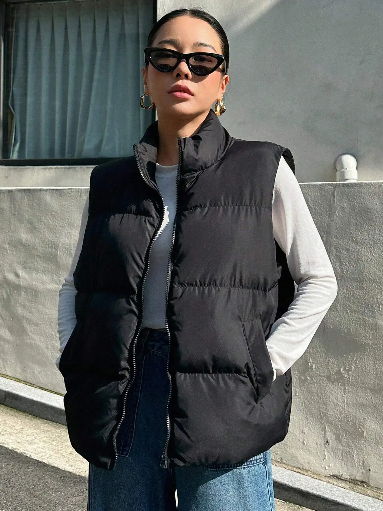 

Женский черный утепленный жилет на молнии с воротником-стойкой, повседневный, для зимнего тепла