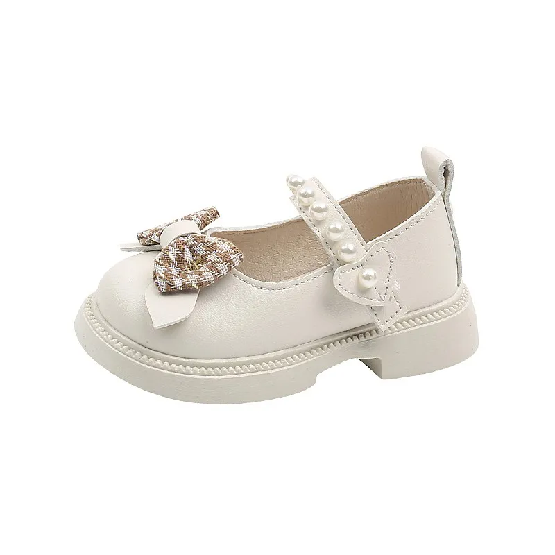 Girls Princess Shoes 2024 Spring Autumn New Kids Mary Janes Kindergarten School Children Leather Shoes with Bow-knot Pearl Beads