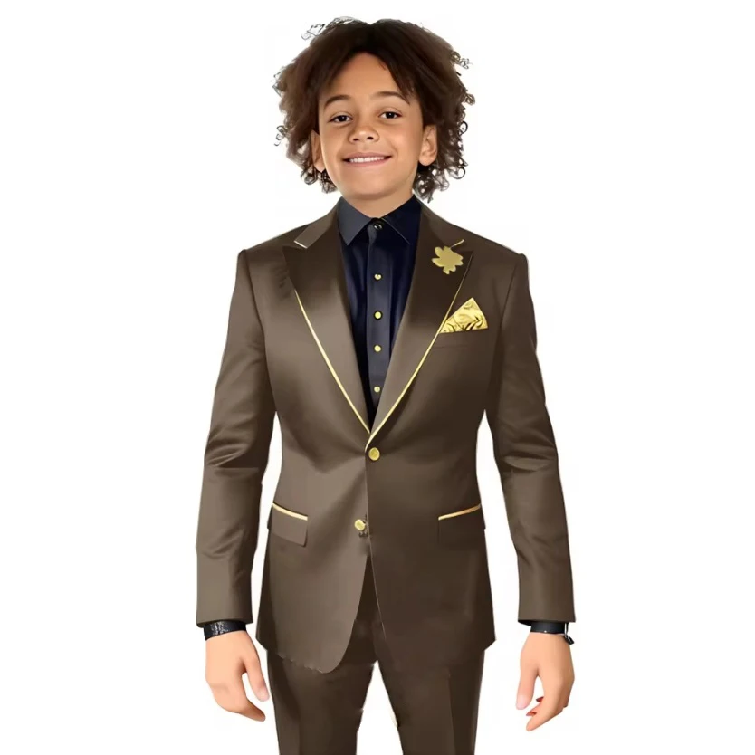 الذهب الساتان الأولاد دعوى الزفاف الأطفال سهرة السترة السراويل 2 قطعة مجموعة الذروة التلبيب 2-16 سنة مخصص الزي سليم صالح الصبي #6