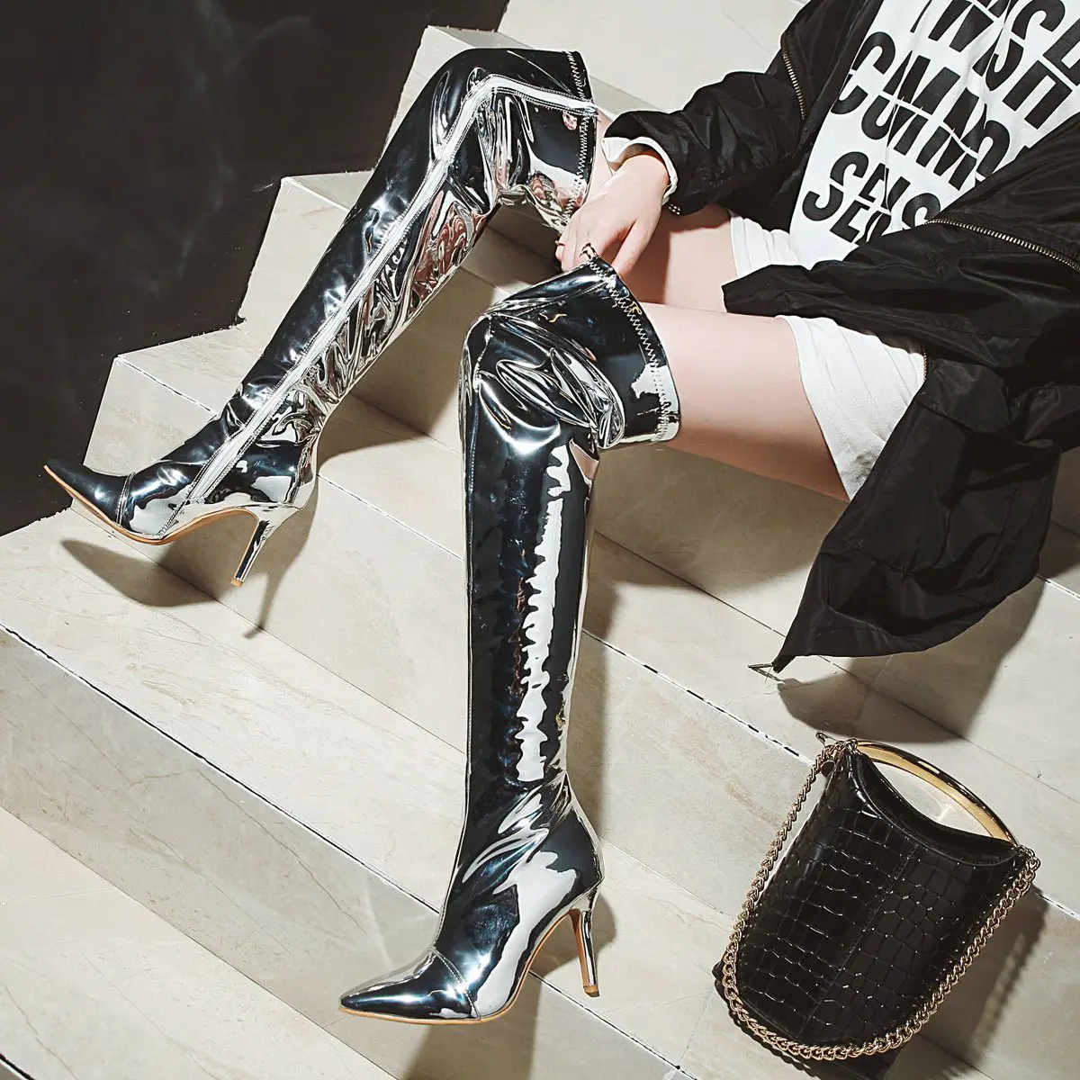 

Mirrored Silver Knee-High Boots Sexy Pointed Toe Over-The-Knee Botines Patent Leather Stiletto Heel Women Botas Femininas