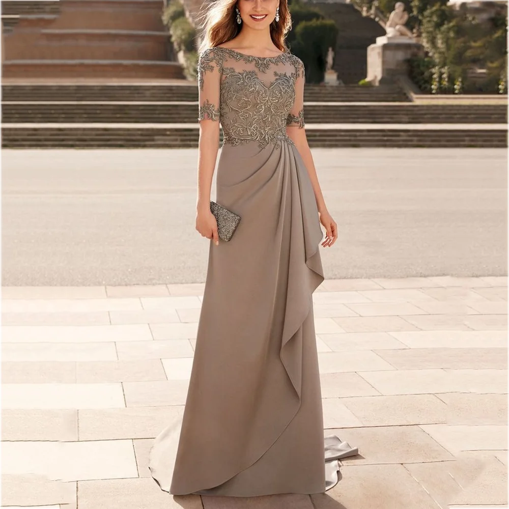 

Модные женские вечерние платья с круглым вырезом и короткими рукавами, роскошные кружевные аппликации, плиссированные платья трапециевидной формы длиной до пола, вечернее платье