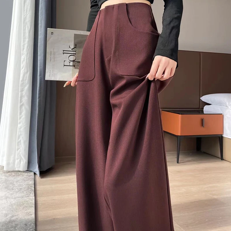 Fashion Women Wide Leg Pants High Waist Long Trousers Pockets Office Lady Elegant Loose Suit Pants Streetwear Trousers Femme