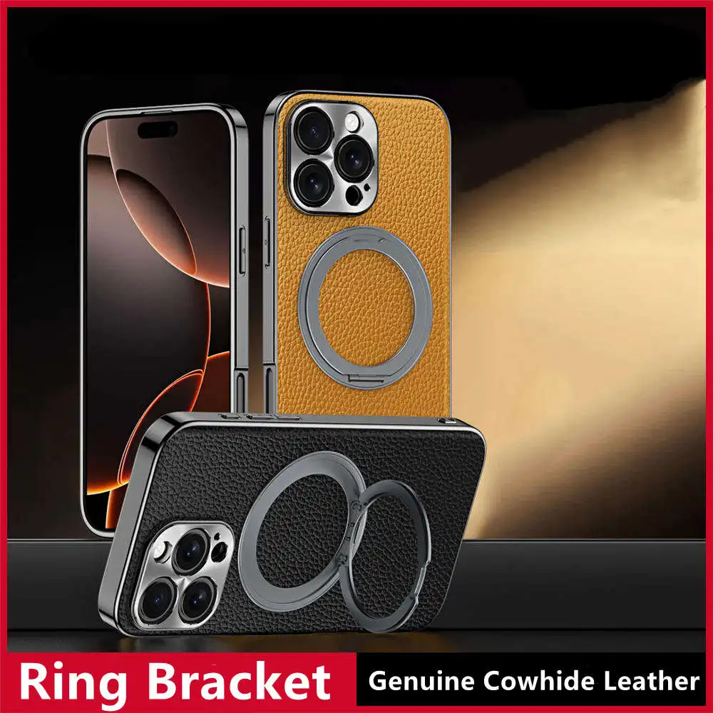 

Натуральный чехол Magsafe из воловьей кожи Togo для iPhone 14, 15, 16 Pro Max, чехол с кольцевым кронштейном