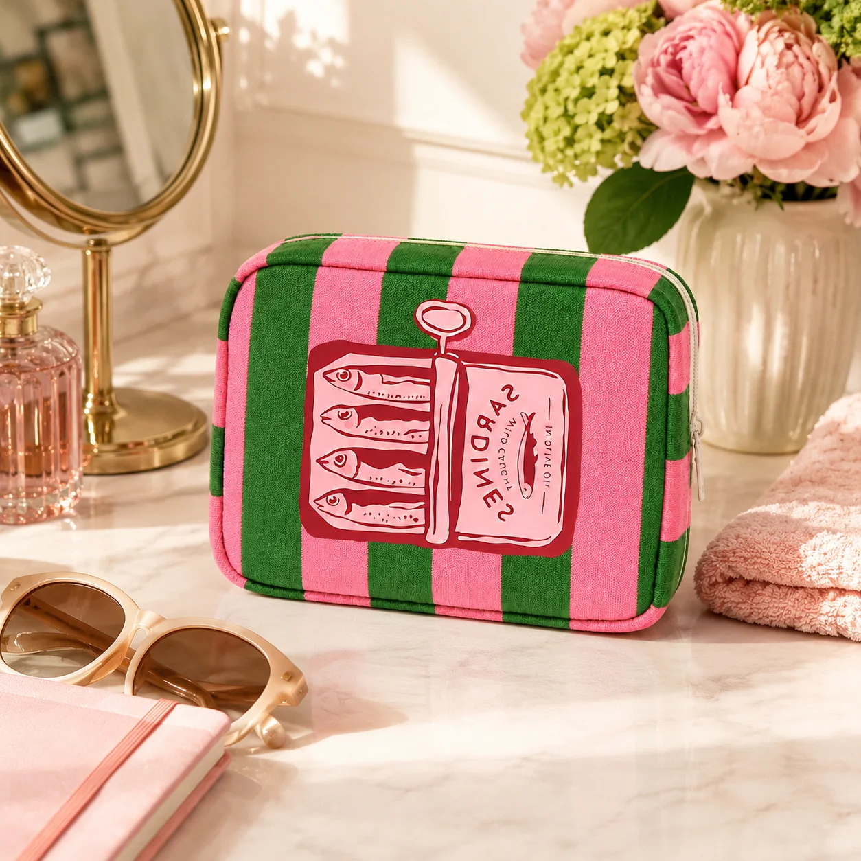 Cosmetic Bag Pink Green Striped Sardine Print Makeup Bag Travel Toiletry Organizer Zipper Pouch Beauty Storage Case for Women