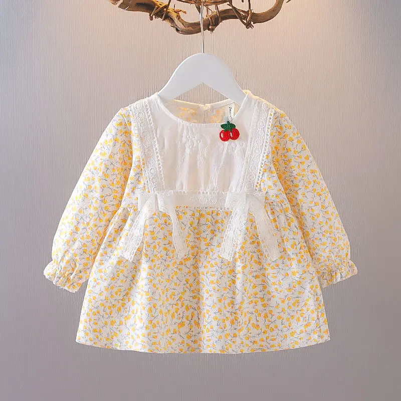 

Girls Spring Autumn Hook Flower Splicing Round Neck Kids Clothes Embroidery Cherry Single Button Floral Print Long Sleeve Dress