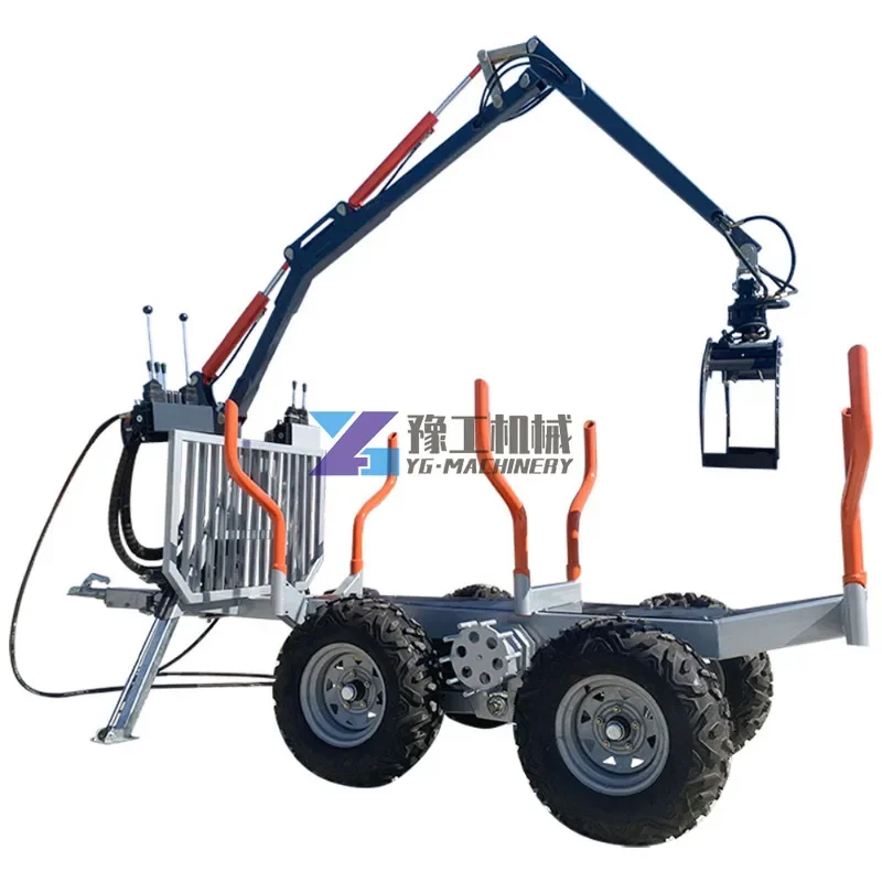 Hydraulic Atv Farm Tractor Log Timber Wood Trailer with Crane Grapple Remote Control Winch for Forestry Machinery