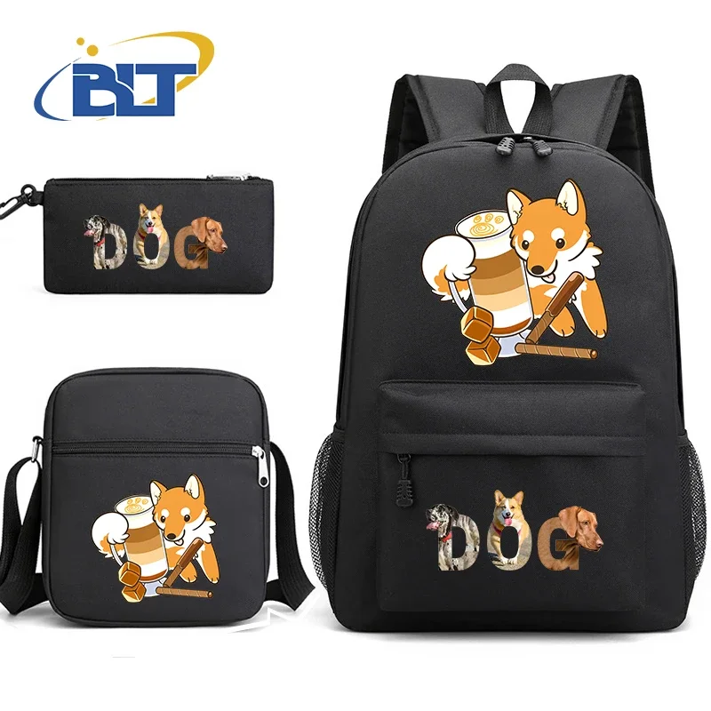 

Cute dog print student school bag youth backpack shoulder bag pencil case 3-piece set gift