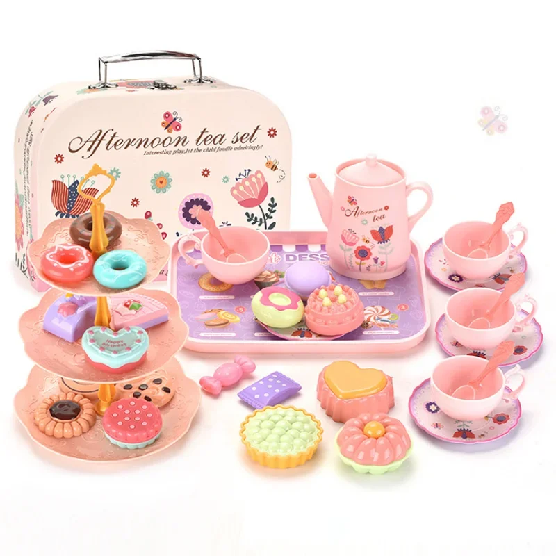 Kids Simulated Afternoon Tea Toy Set With Carrying Case Tea Set Pretend Play Kitchen Toy With Teapot Dessert For Girls Kids