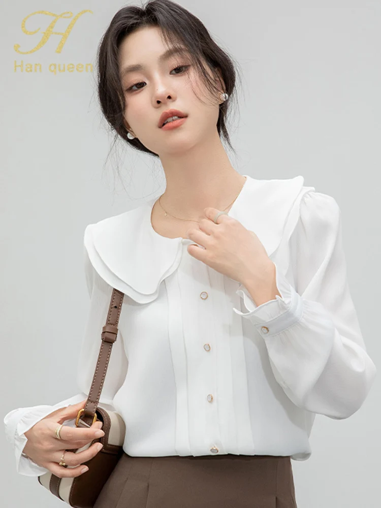 

H Han Queen Autumn Women's Clothing Korean Loose Casual Vintage Office Long Sleeve Top White Elegant Shirt Simple Basic Blouses﻿