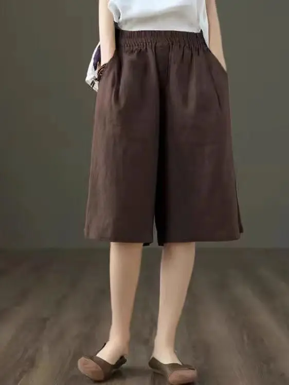 ارتفاع الخصر القطن الكتان خمس نقاط orts المرأة الصيف رقيقة فضفاضة عادية مستقيم الساق السراويل بنطال ذو قصة أرجل واسعة عادية Sle