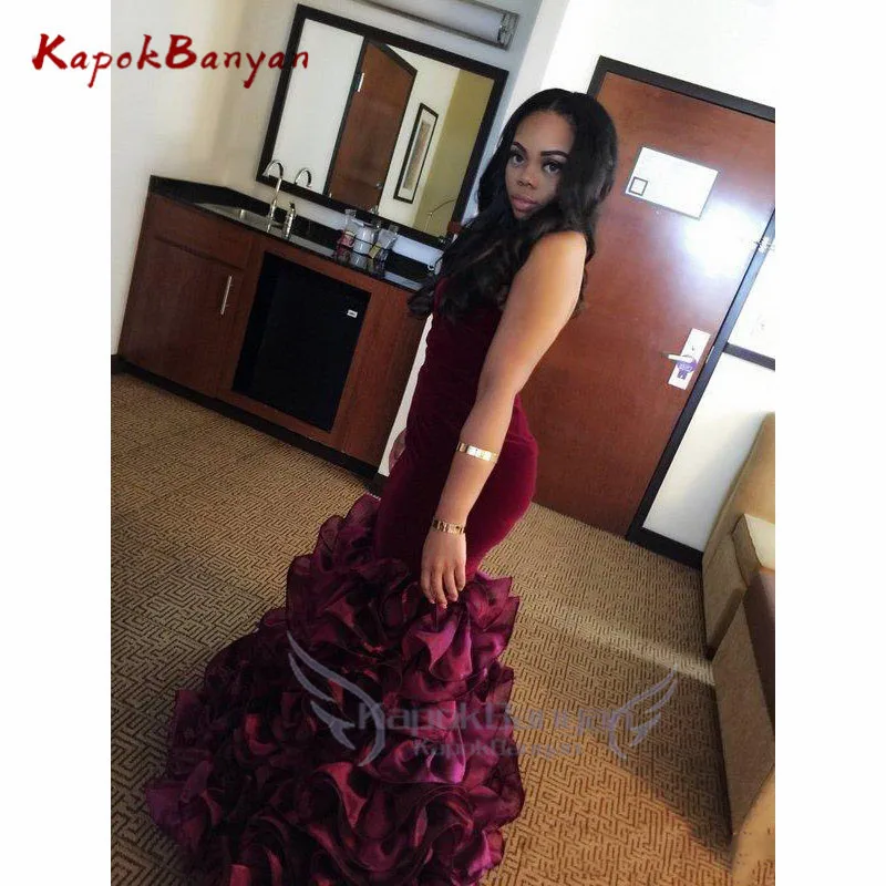 Nouveau bordeaux longue sirène Rose fleurs florales à plusieurs niveaux chérie velours grande taille robes de soirée formelles robe de soirée Vestios