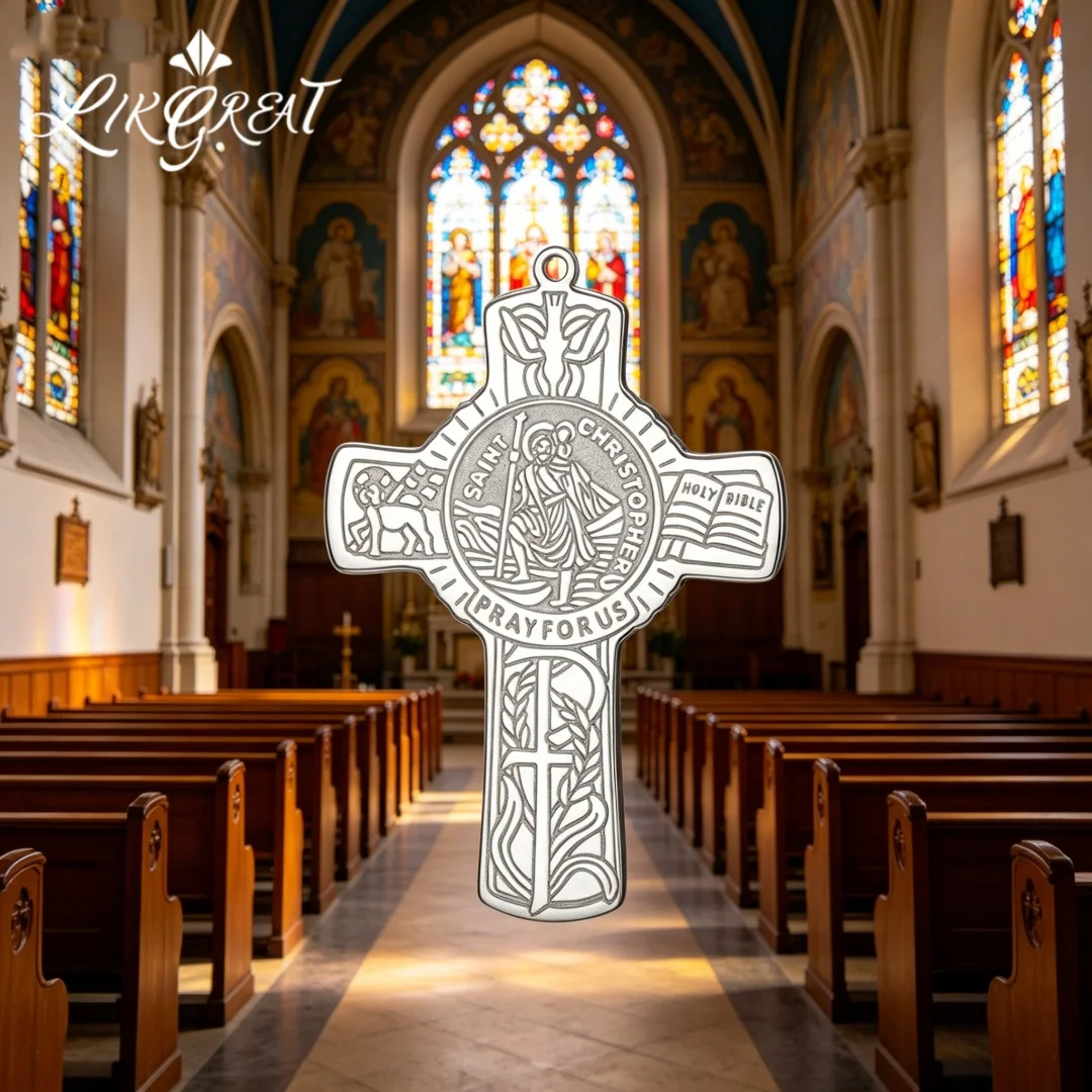 St. Christopher Cross Pendant Four-Way Cross Pendant Religious Saint Medal Charm Unisex Christian Faith Jewelry Travel Protect