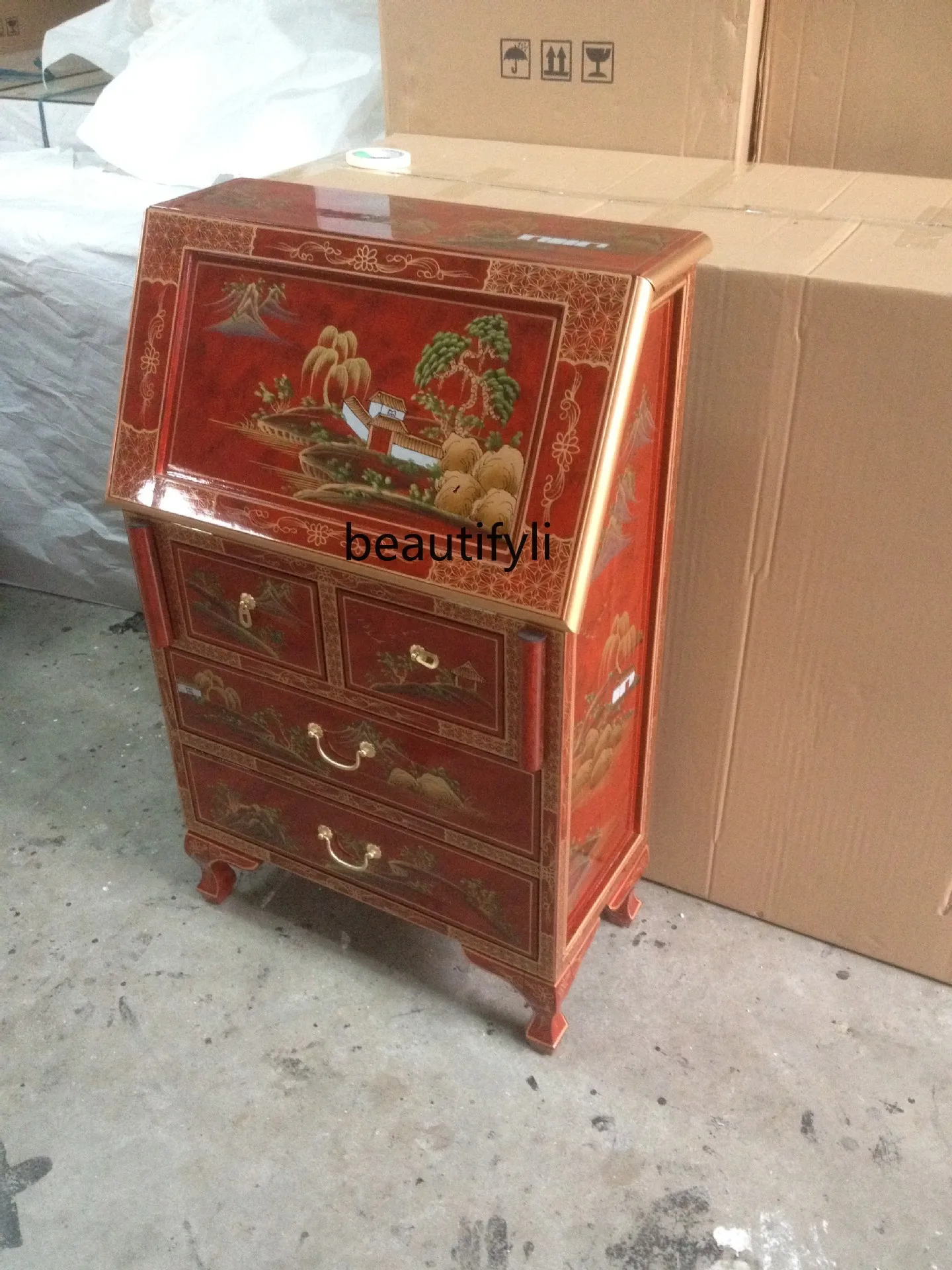 Gold foil shell classical Chinese furniture flap folding four buckets storage foyer porch cabinet