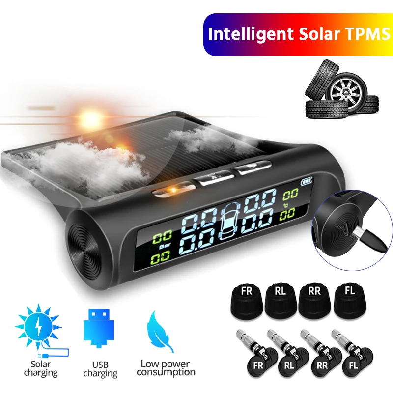 Smart TPMS Car Tire Pressure Alarm Monitor System 4 Sensors Display Solar Intelligent Tyre Pressure Temperature Warning