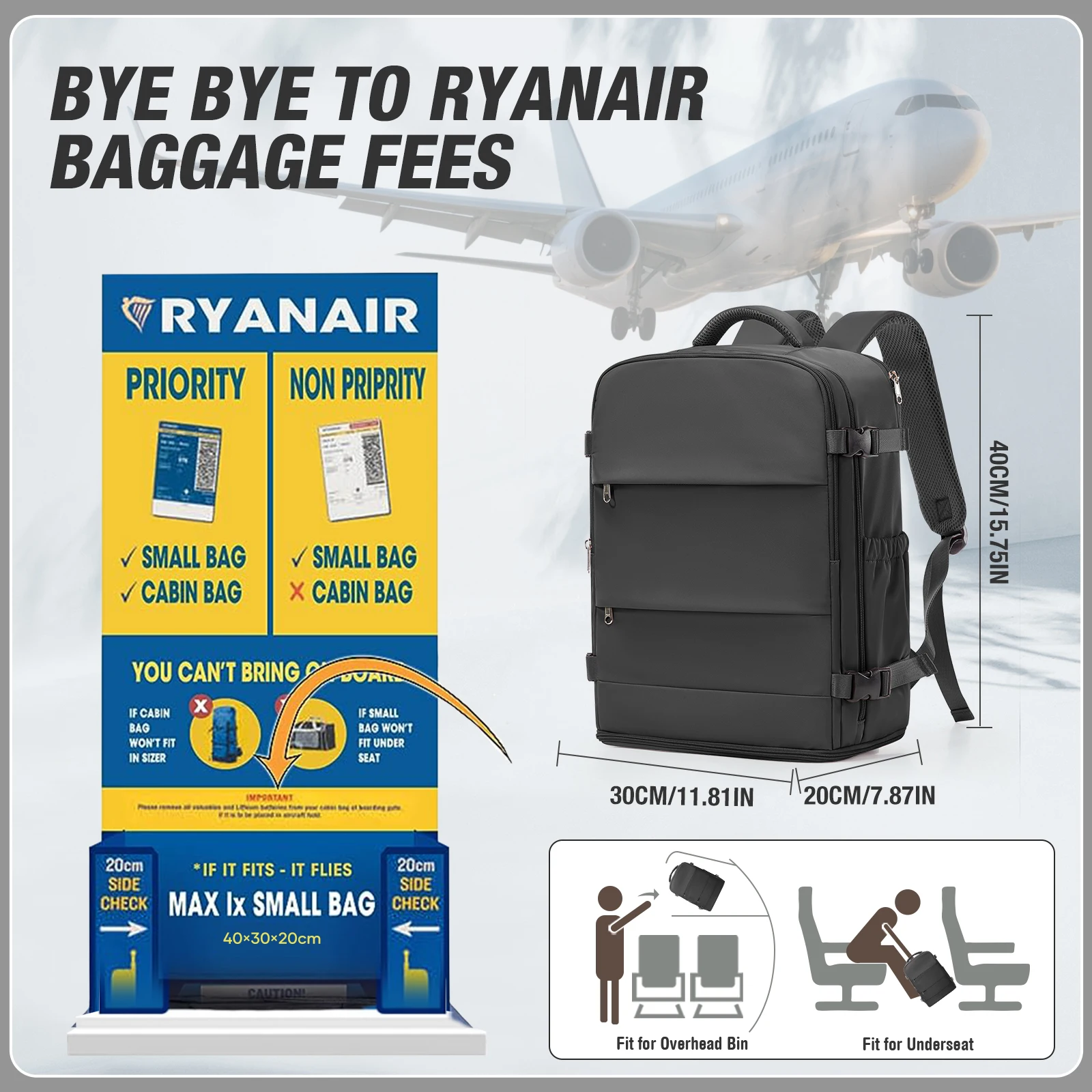 Women Men Hand Luggage Backpack Business College Laptop Travel Backpack Waterproof Carry on  Airplane Ryanair Backpack 40x30x20