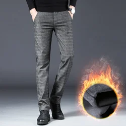 Winter New Fleece Casual Pants Baggy Men's Thickened Plaid Trousers Straight Business Loose Men's Suit Pants Warm Trousers