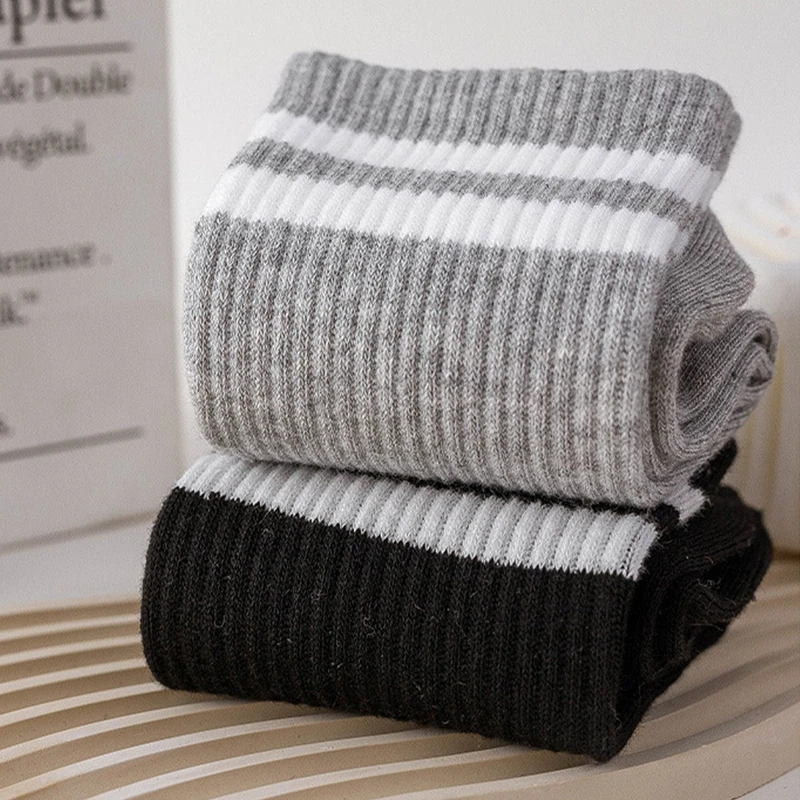6pcs-3pairs Men's Socks Spring Autumn Simple Casual Black White Striped Socks Breathable Mid Tube Sock High-Quality Round