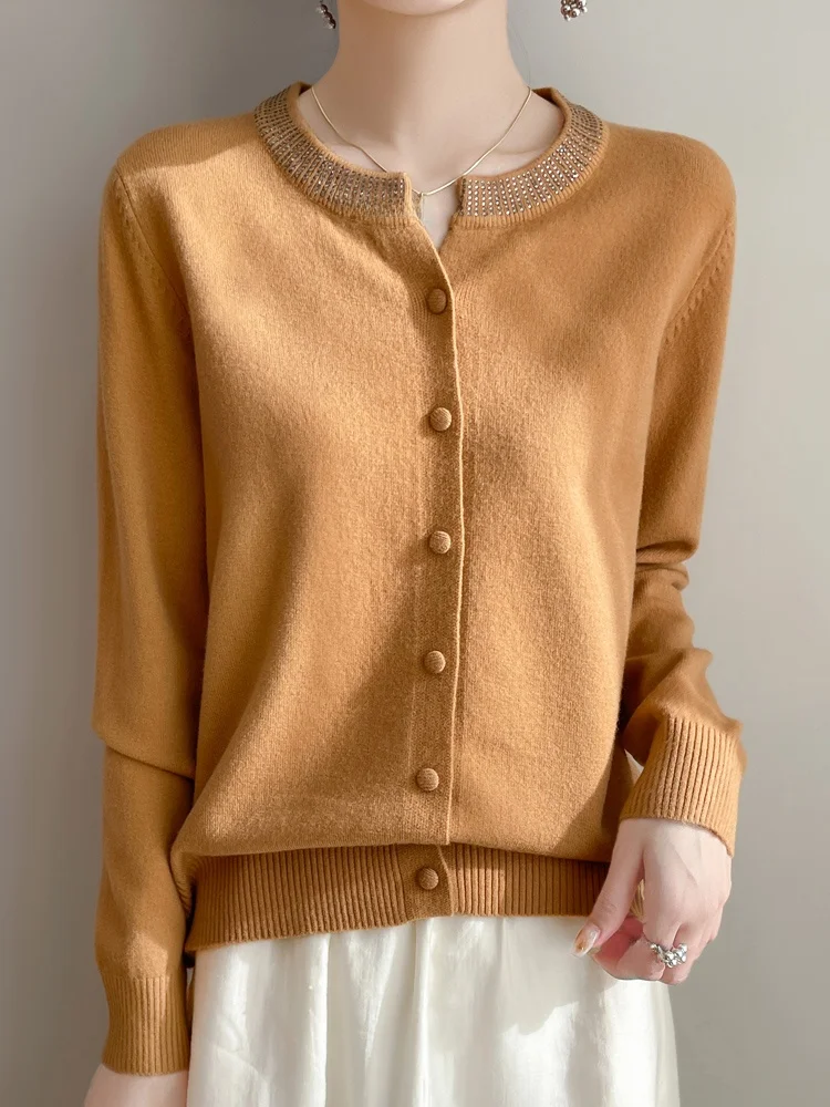 Early Autumn 2025 Women's Diamond Embedded Knitted Woolen Cardigan round V-Neck Ultra-Fine Simulated Cashmere Base Shirt