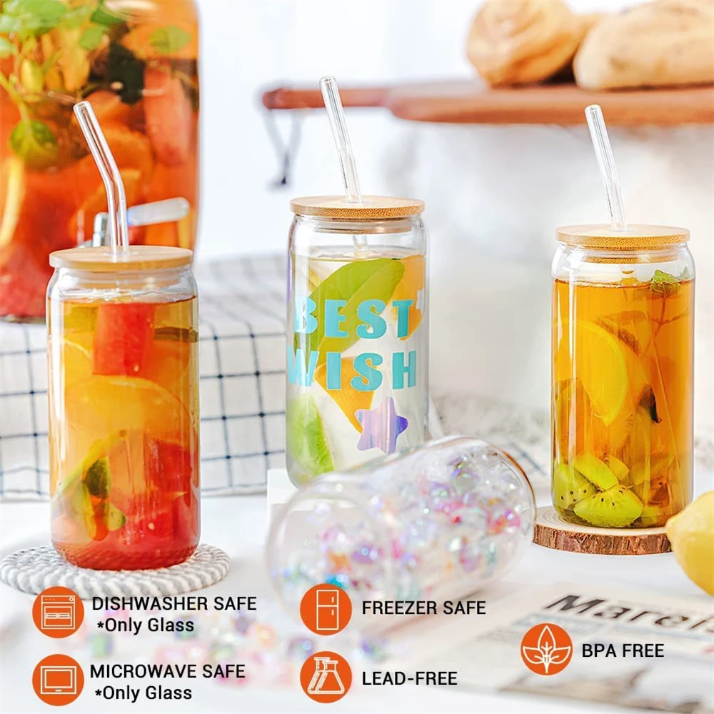 16oz Glass Cup With Wooden Lid And Straw Juice Drink Beer Mug Coffee Milk Transparent Water Cup Drinkware