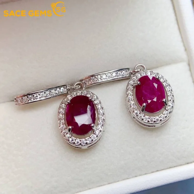 

SACE GEMS Fashion Ear Clip for Women 925 Sterling Silver 6*8MM Natural Ruby Stud Earrings Wedding Party Fine Jewelry Gift
