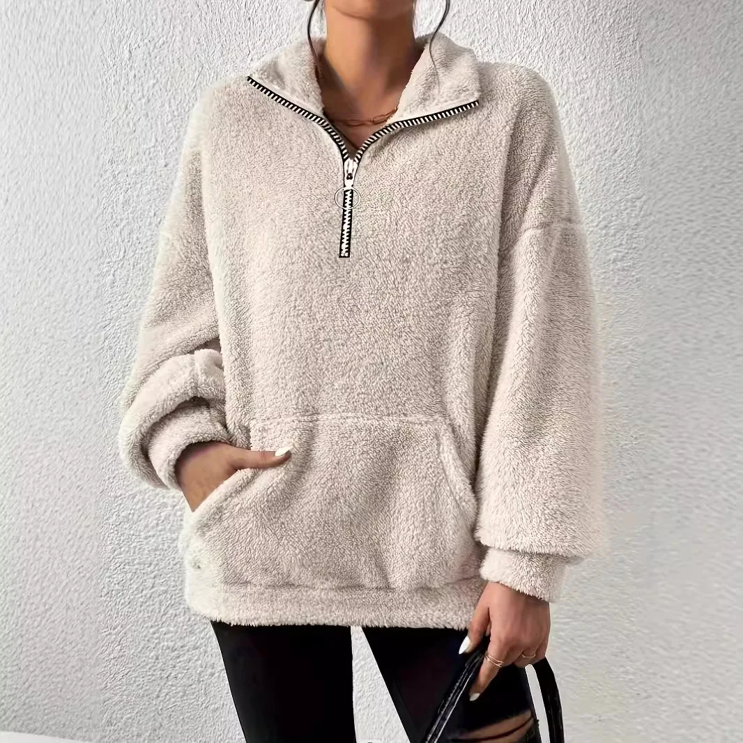 Nuevo Sudadera con capucha informal con cremallera de piel para mujer, ropa con bolsillo y cuello levantado