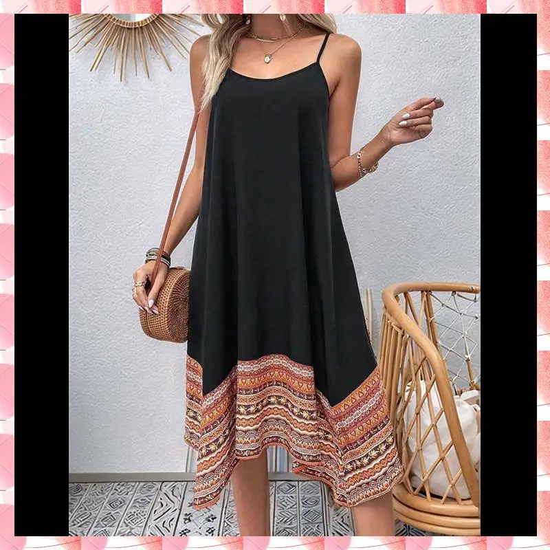Długa sukienka damska w stylu boho Color Block Hawaii Flowy Spaghetti Strap Dresses