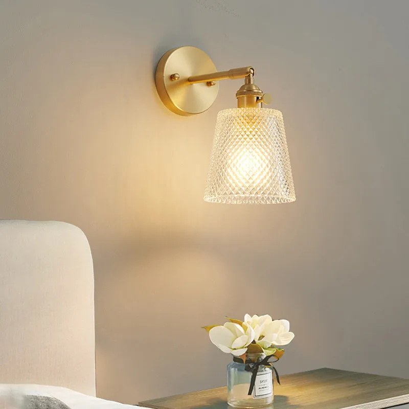 Retro Brass Wall Lamp Modern Nordic Small Glass Shade Bedside Lamp Simple Bathroom Mirror Front Light Copper With Switch Sconce
