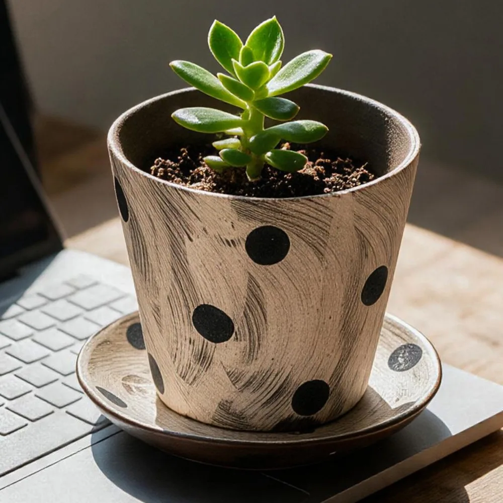 Retro Polka Dot Ceramic Flowerpot with Retro Hand-painted Plant Flowerpot Fleshy Flowerpot Home Desktop Garden Decoration