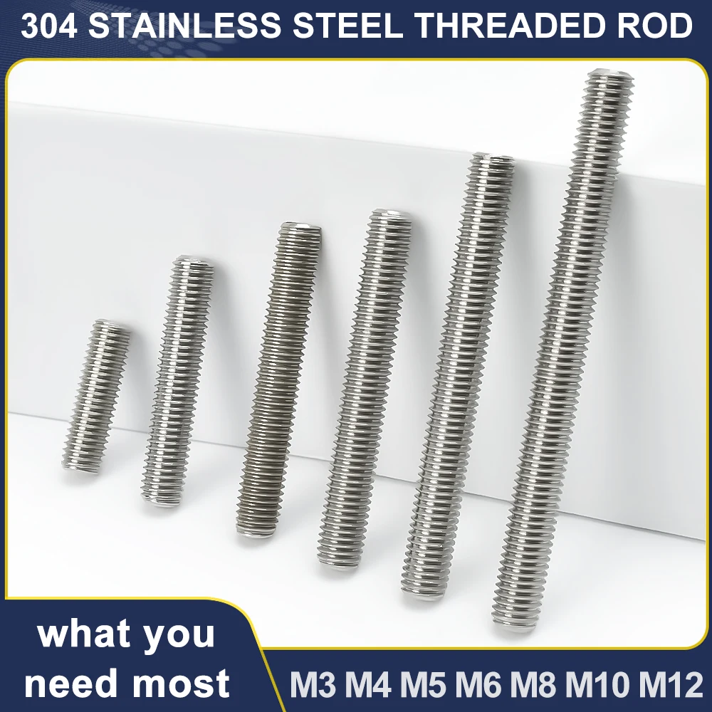 M3 M4 M5 M6 M8 M10 M12 304 Stainless Steel Full Threaded Rod Bolt Length16mm-500mm Fully Metric Headless Thread Stud Rods Screws
