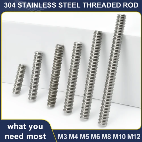 M3 M4 M5 M6 M8 M10 M12 304 Perno de varilla roscada completa de acero inoxidable Longitud 16mm-500mm Tornillos de varillas de rosca sin cabeza totalmente métricos