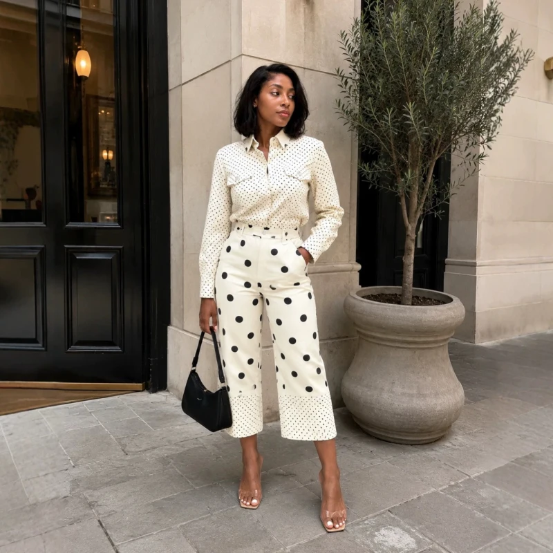 New African Fashion Women Two Piece Set Elegant Polka Dot Printed Full Sleeve Turn Down Collar Shirt And Calf-Length Pants Set